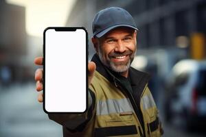 Mechanic man showing blank screen smartphone photo