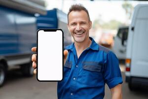 Mechanic man showing blank screen smartphone at garage photo