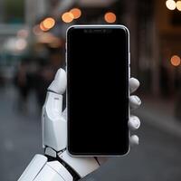 White robot hand showing blank screen smartphone on street background photo