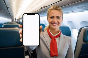 Air hostess showing blank white screen smartphone in airplane photo
