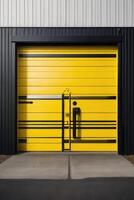 un negro y amarillo industrial edificio con un puerta foto