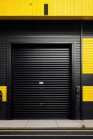 a black and yellow industrial building with a door photo