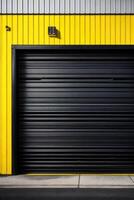 a black and yellow industrial building with a door photo