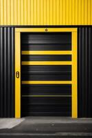 a black and yellow industrial building with a door photo