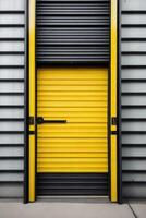 a black and yellow industrial building with a door photo