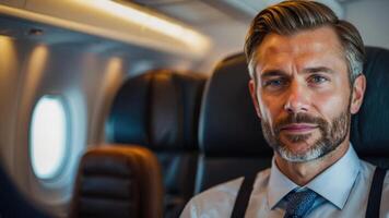 un hombre en un traje y Corbata sentado en un avión foto