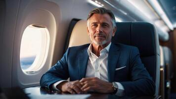 a man in a suit and tie sitting on an airplane photo