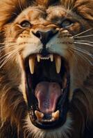 un león rugido con sus boca abierto foto