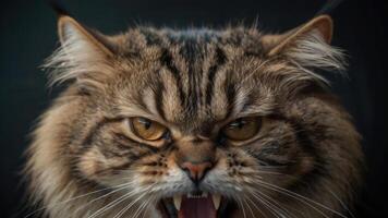 un enojado gato con sus boca abierto foto