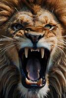 a lion roaring with its mouth open photo