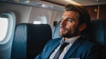 un hombre en un traje y Corbata sentado en un avión foto