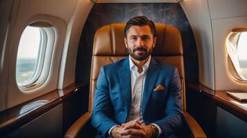 a man in a suit and tie sitting on an airplane photo