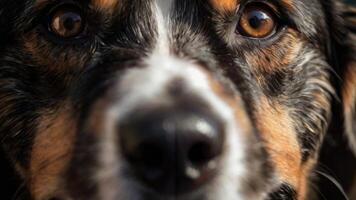 un cerca arriba de un perros cara con grande ojos foto