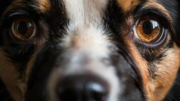 un cerca arriba de un perros cara con grande ojos foto