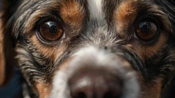 un cerca arriba de un perros cara con grande ojos foto