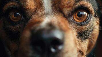 un cerca arriba de un perros cara con grande ojos foto