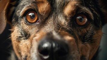 un cerca arriba de un perros cara con grande ojos foto