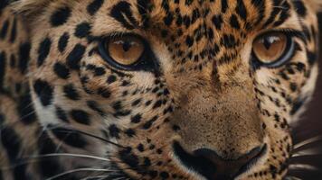 cerca arriba de un de leopardo cara con un oscuro antecedentes foto