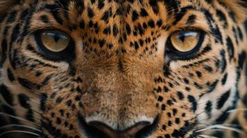 close up of a leopard's face with a dark background photo