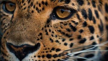 cerca arriba de un de leopardo cara con un oscuro antecedentes foto