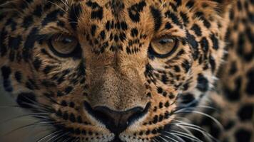 cerca arriba de un de leopardo cara con un oscuro antecedentes foto