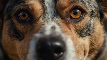 un cerca arriba de un perros cara con grande ojos foto