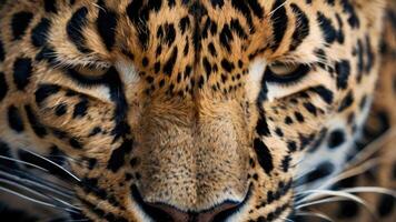 cerca arriba de un de leopardo cara con un oscuro antecedentes foto