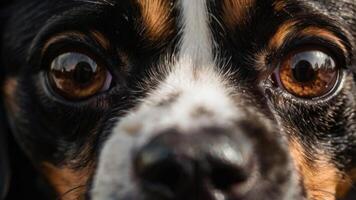 un cerca arriba de un perros cara con grande ojos foto