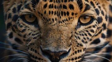 close up of a leopard's face with a dark background photo