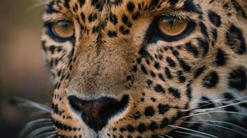 cerca arriba de un de leopardo cara con un oscuro antecedentes foto