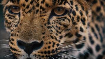 close up of a leopard's face with a dark background photo