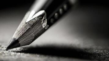 a close up of a pencil on a table black and white photo