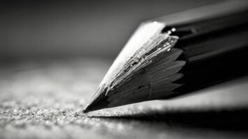 a close up of a pencil on a table black and white photo