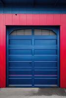 a red and blue garage door background photo