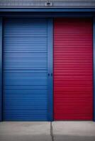 a red and blue garage door background photo