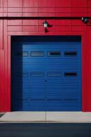 a red and blue garage door background photo