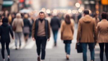 Defocused Crowd of people walking on a street in motion blur photo