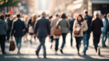 Defocused Crowd of people walking on a street in motion blur photo