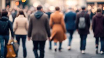 Defocused Crowd of people walking on a street in motion blur photo