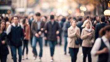 Defocused Crowd of people walking on a street in motion blur photo