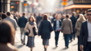 Defocused Crowd of people walking on a street in motion blur photo