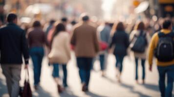 Defocused Crowd of people walking on a street in motion blur photo