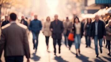 Defocused Crowd of people walking on a street in motion blur photo