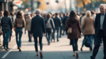 Defocused Crowd of people walking on a street in motion blur photo