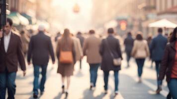 Defocused Crowd of people walking on a street in motion blur photo