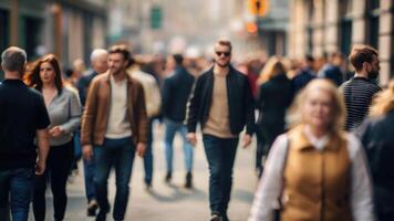 Defocused Crowd of people walking on a street in motion blur photo