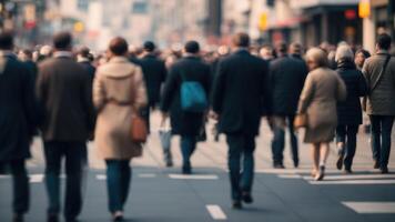 Defocused Crowd of people walking on a street in motion blur photo
