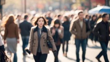 Defocused Crowd of people walking on a street in motion blur photo