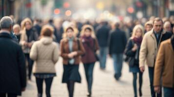 Defocused Crowd of people walking on a street in motion blur photo