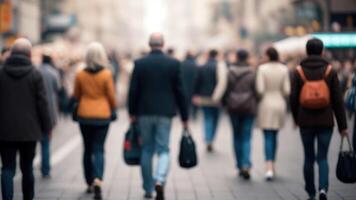 Defocused Crowd of people walking on a street in motion blur photo